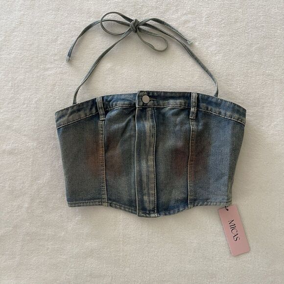 NWT Micas Rust Halter Denim Crop Top‎ Y2K Style Sz L Grunge Western - Picture 9 of 10